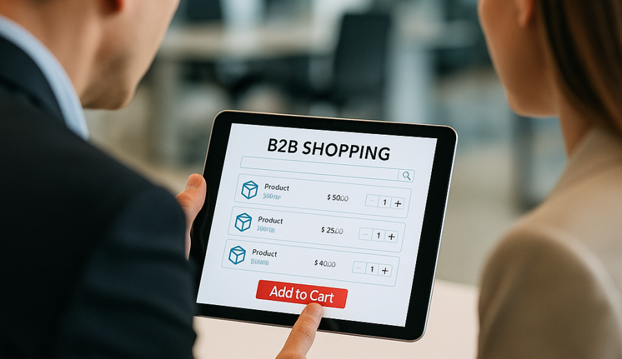 Zwei Geschäftspartner betrachten ein Tablet mit einer B2B-Shopping-App in einem modernen Büro.