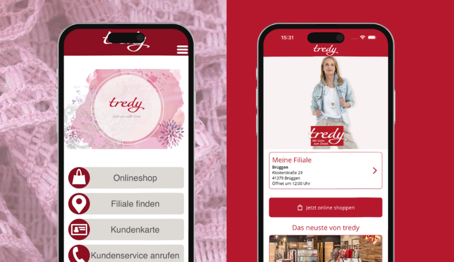 Before and after comparison of the tredy Fashion app. Left: old, simple user interface in pink. Right: modern, appealing design with large image, red background, and clear functions.