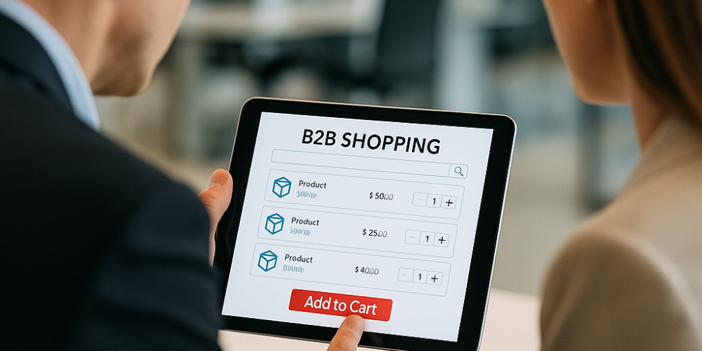Two business partners look at a tablet with a B2B shopping app in a modern office.